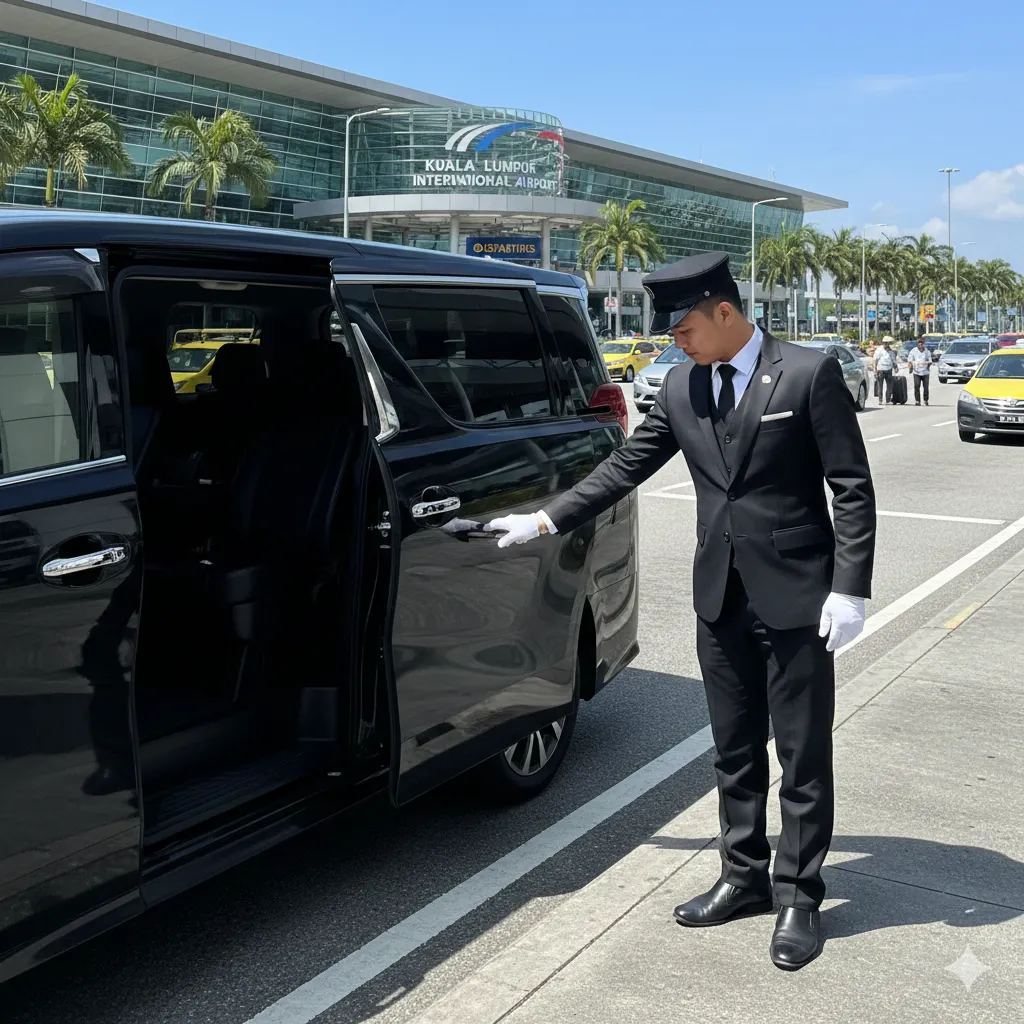 Professional Malay chauffeur in suit opening luxury car door at KLIA terminal.