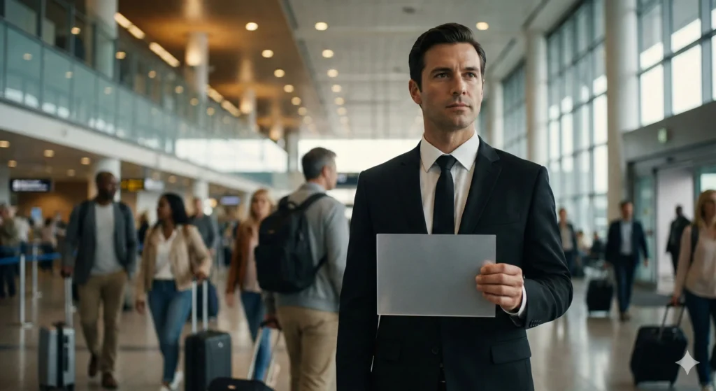 Professional chauffeur providing meet and greet service for private airport pickup KL.