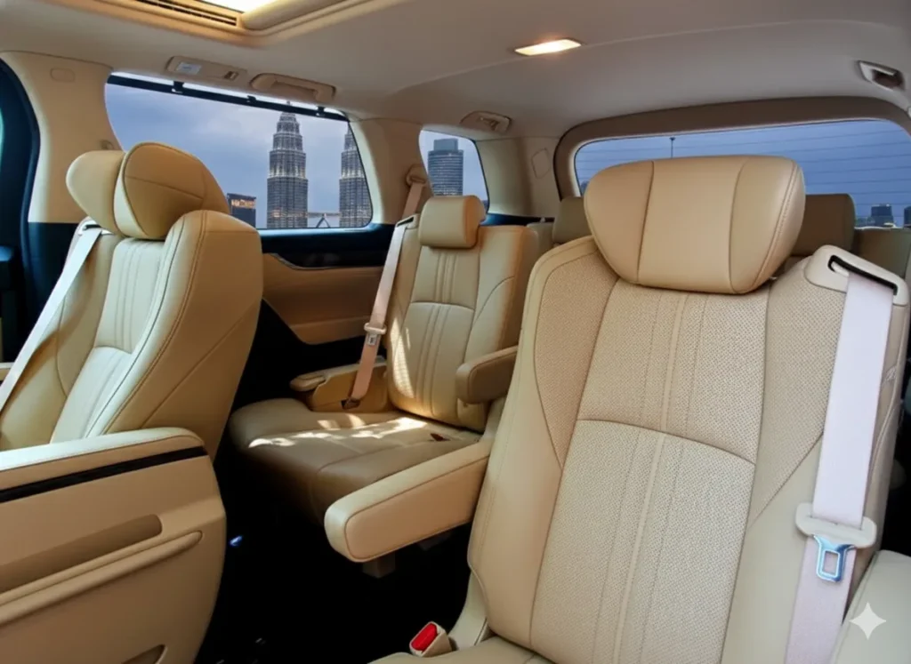 Interior of luxury MPV with leather seats and legroom.