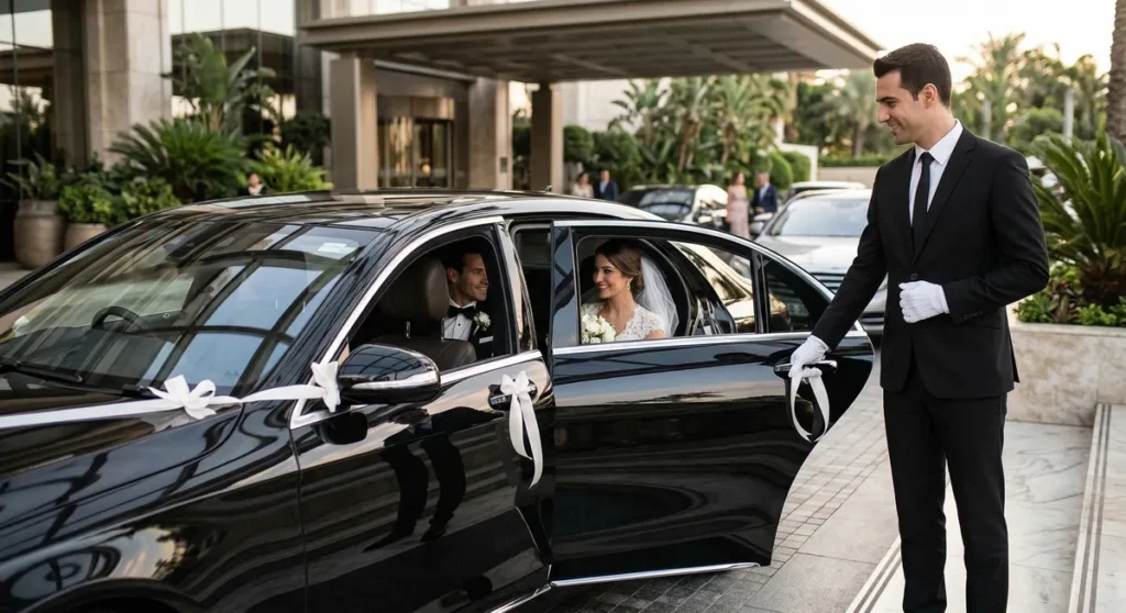 Professional chauffeur providing bridal car service Malaysia in front of a Mercedes S-Class. chauffeur service Kuala Lumpur, captain chauffeur Malaysia.