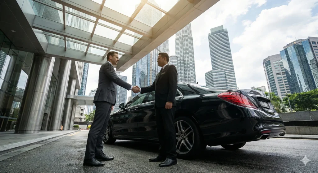 Executive shaking hands with driver for corporate chauffeur service Malaysia, chauffeur service Kuala Lumpur, captain chauffeur Malaysia.