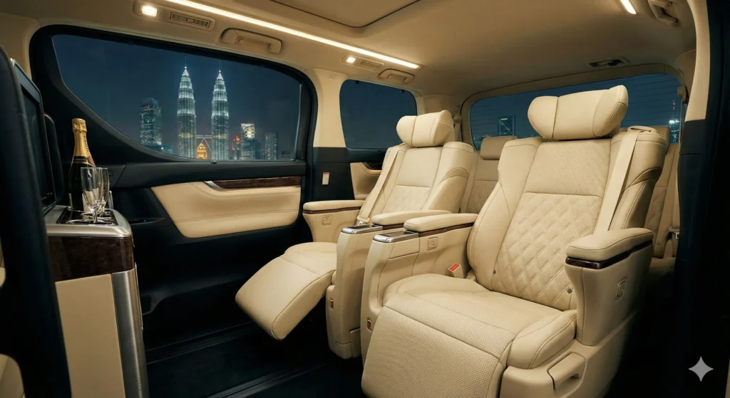 Luxury Toyota Alphard interior for corporate roadshows and executive transport.