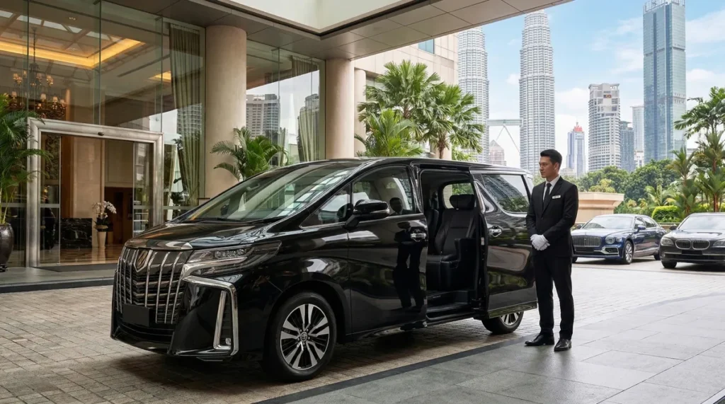 Luxury transport to Genting with driver using a black Toyota Alphard in Kuala Lumpur.