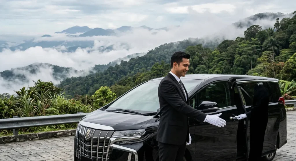 Professional chauffeur providing transport to Genting with driver in the misty mountains.