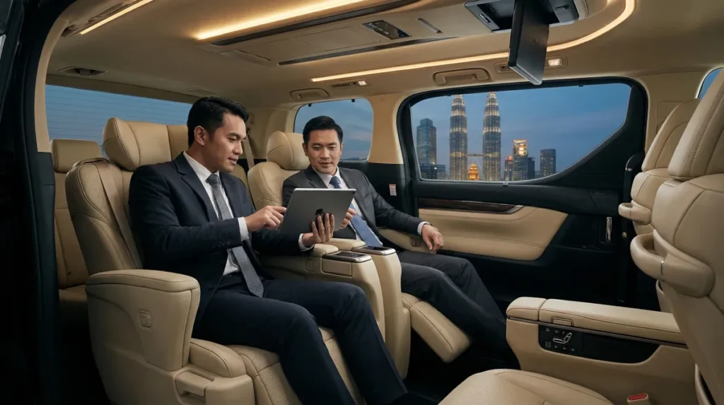Executives discussing strategy inside a VIP business driver Kuala Lumpur vehicle.