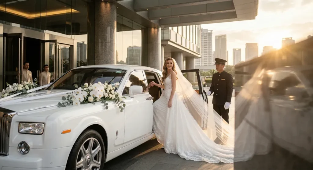 Elegant bride stepping out of a wedding car rental with driver KL. chauffeur service Kuala Lumpur, captain chauffeur Malaysia.