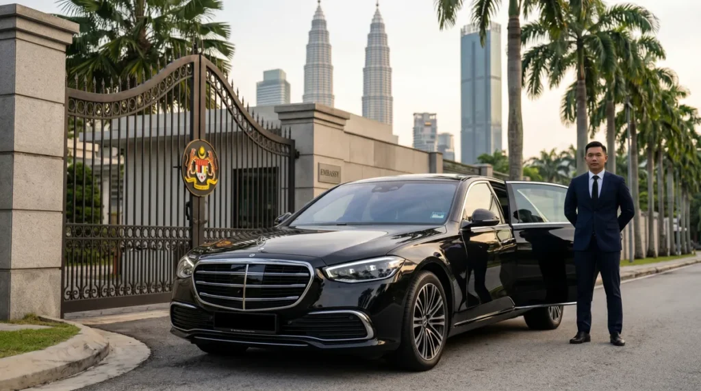 A premium vehicle used for diplomatic car rental parked outside an embassy