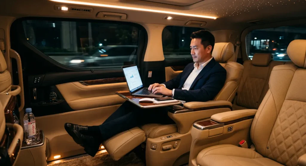 Luxury chauffeur service interior with a VIP passenger.
