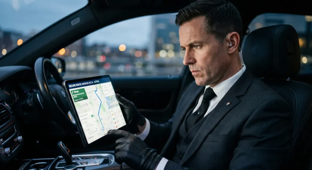 An executive chauffeur conducting risk assessment for VIP transport security Malaysia