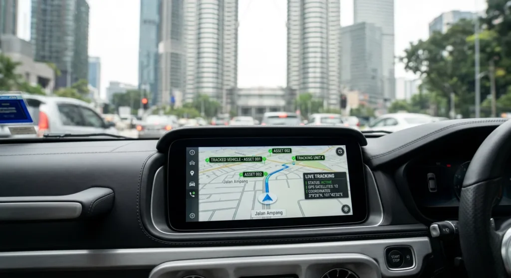 VIP transport security Malaysia with GPS tracking active.