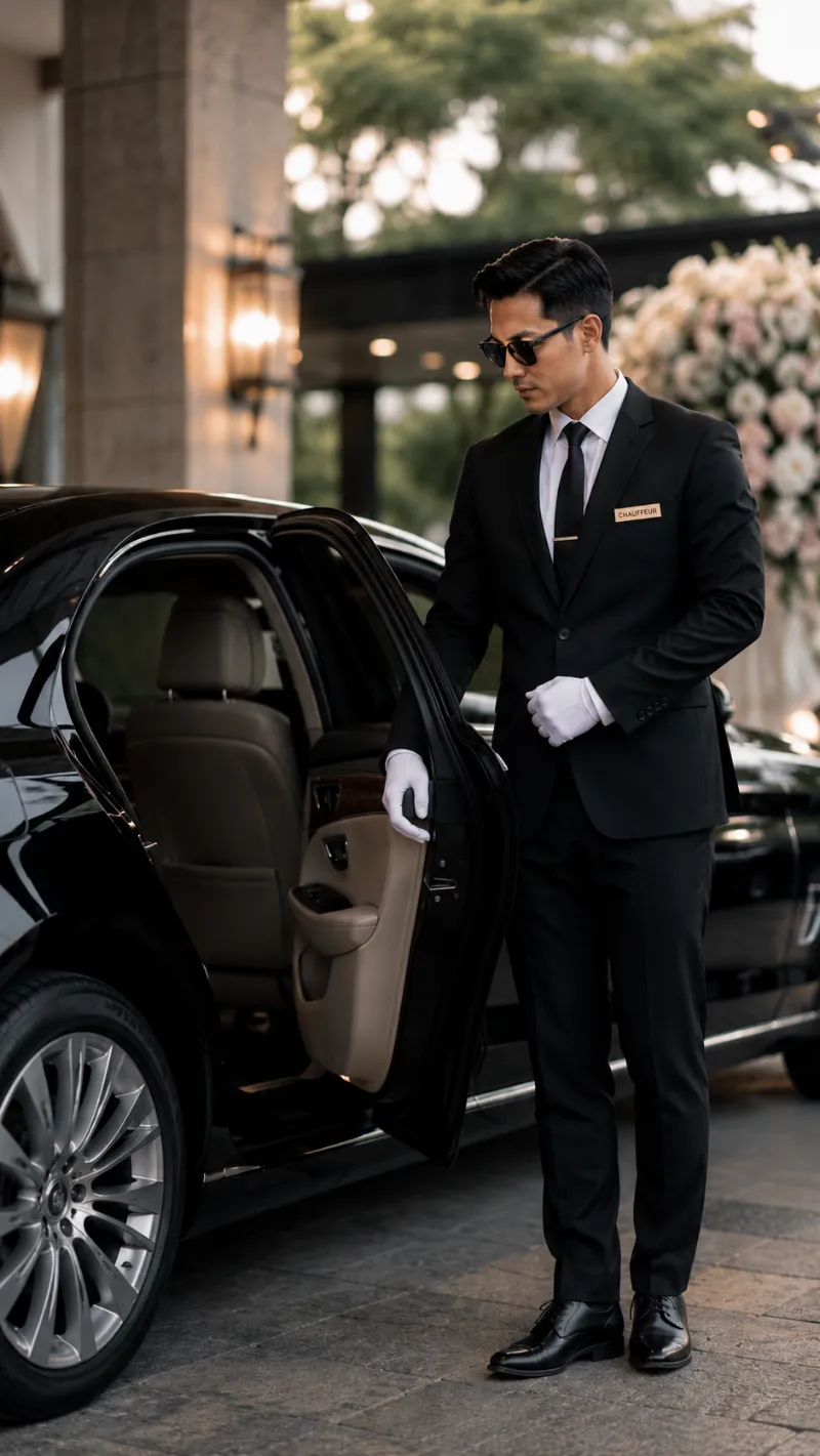 Professional Uniformed Bride & Groom Chauffeur opening door