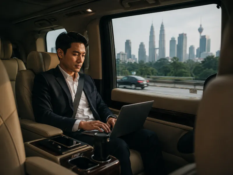Working inside premium corporate transport Malaysia car cabin